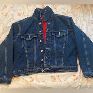 women’s Brandy Melville dark wash jean jacket w/ red interior, size small, new